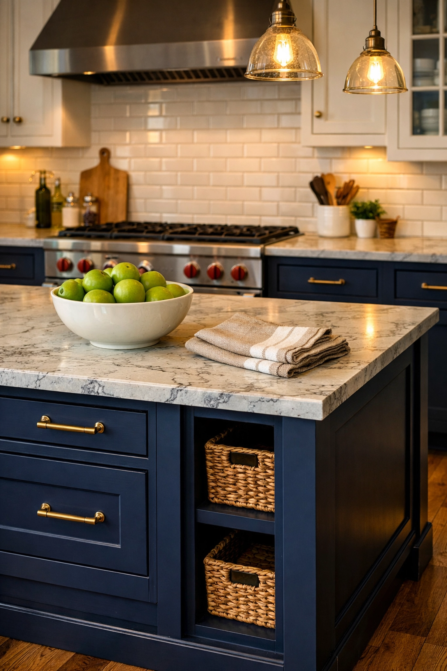 Navy blue kitchen island with marble countertops and subway tile backsplash in a Bay Village home.