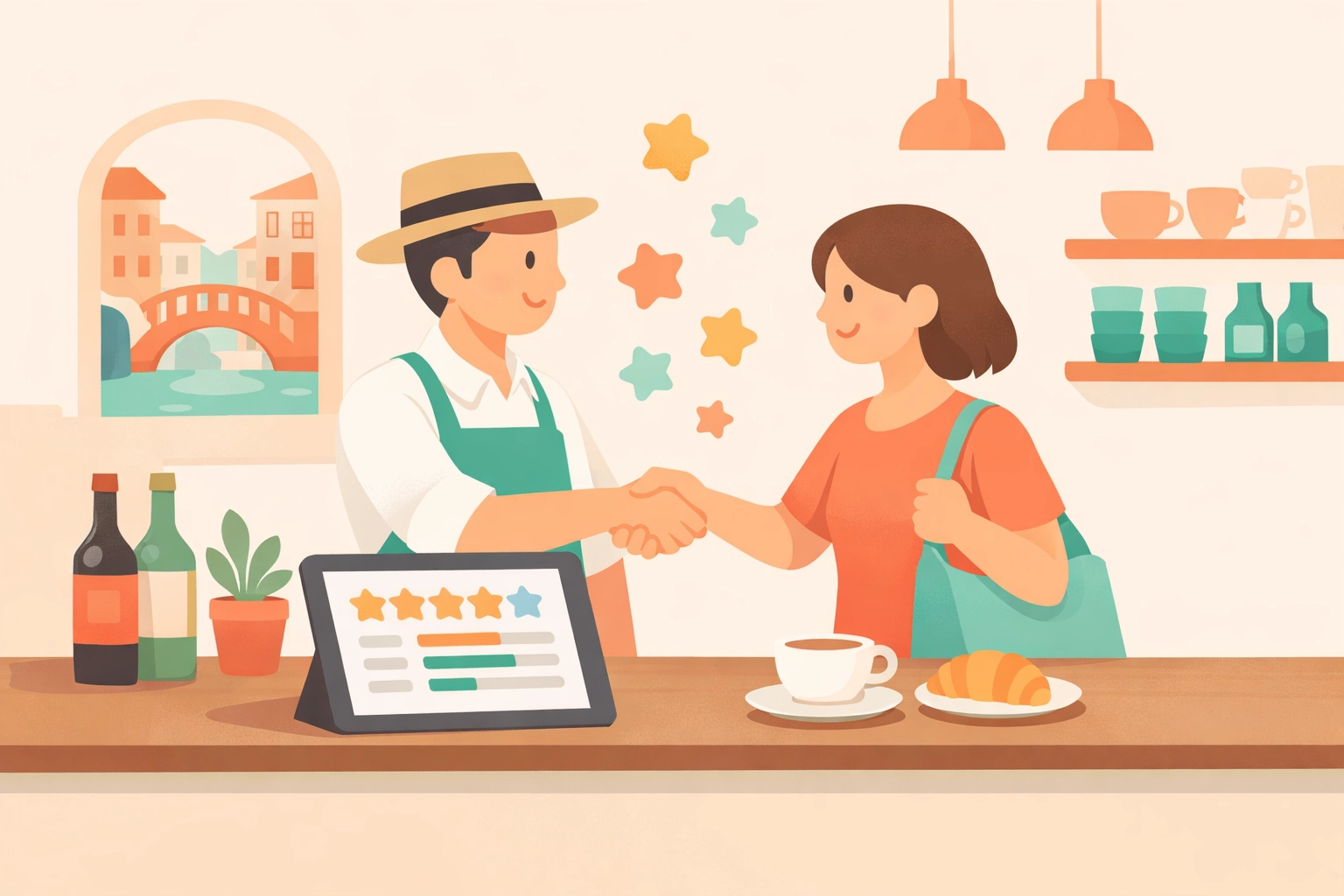 A Venice Florida business owner receiving a 5-star customer review on a tablet.