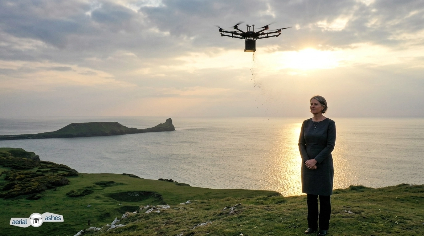 A professional funeral celebrant stands respectfully in a serene coastal landscape as a memorial drone performs a dignified scattering.