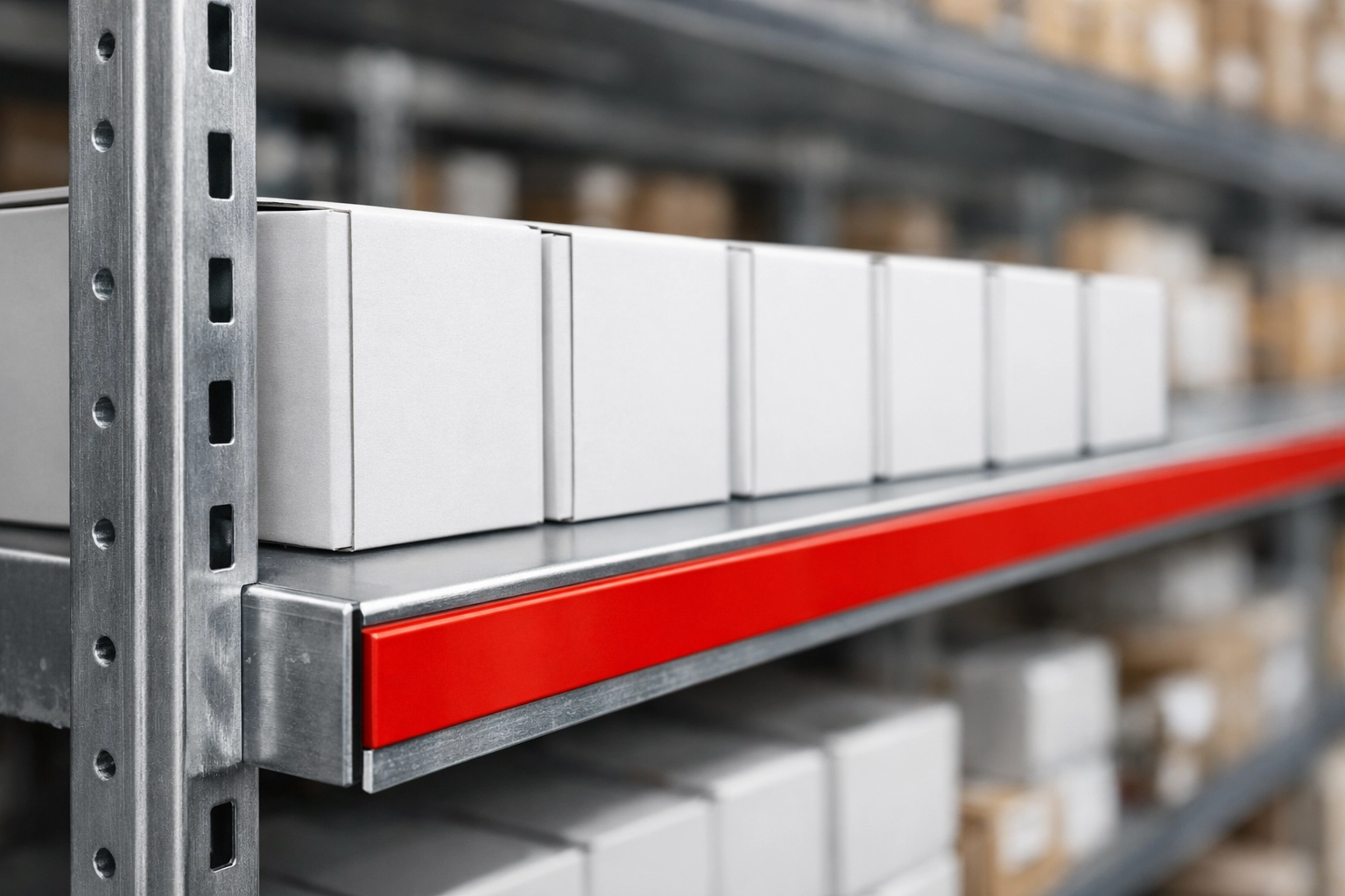 Professional inventory management showing organized and labeled stock on Hertford storage racks.