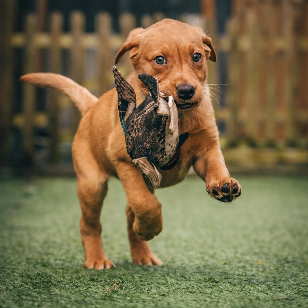A young gundog puppy enthusiastically retrieves a toy bird dummy on grass, demonstrating early training progress and a strong natural retrieve drive during a personalised 1 to 1 gundog training session.