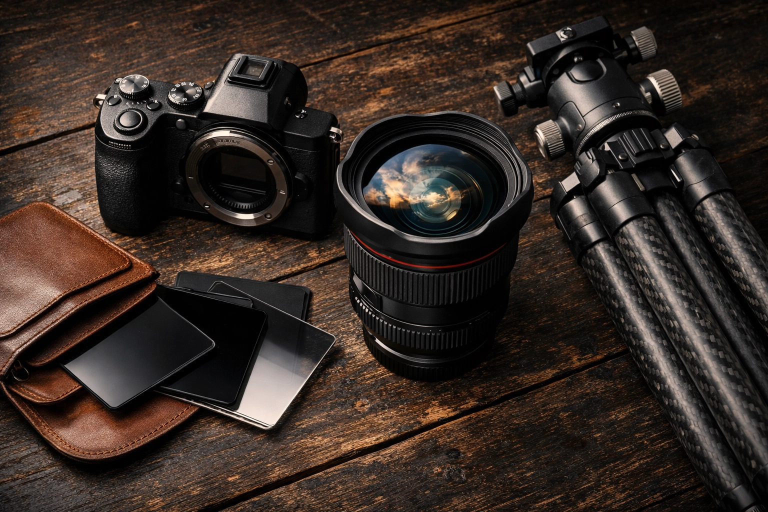 Essential landscape photography gear including a mirrorless camera and tripod for national park trips.