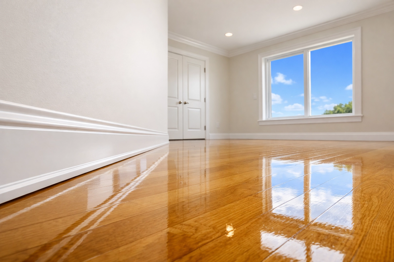 Immaculate bedroom with clean baseboards and polished floors after professional Boston apartment move-out cleaning.