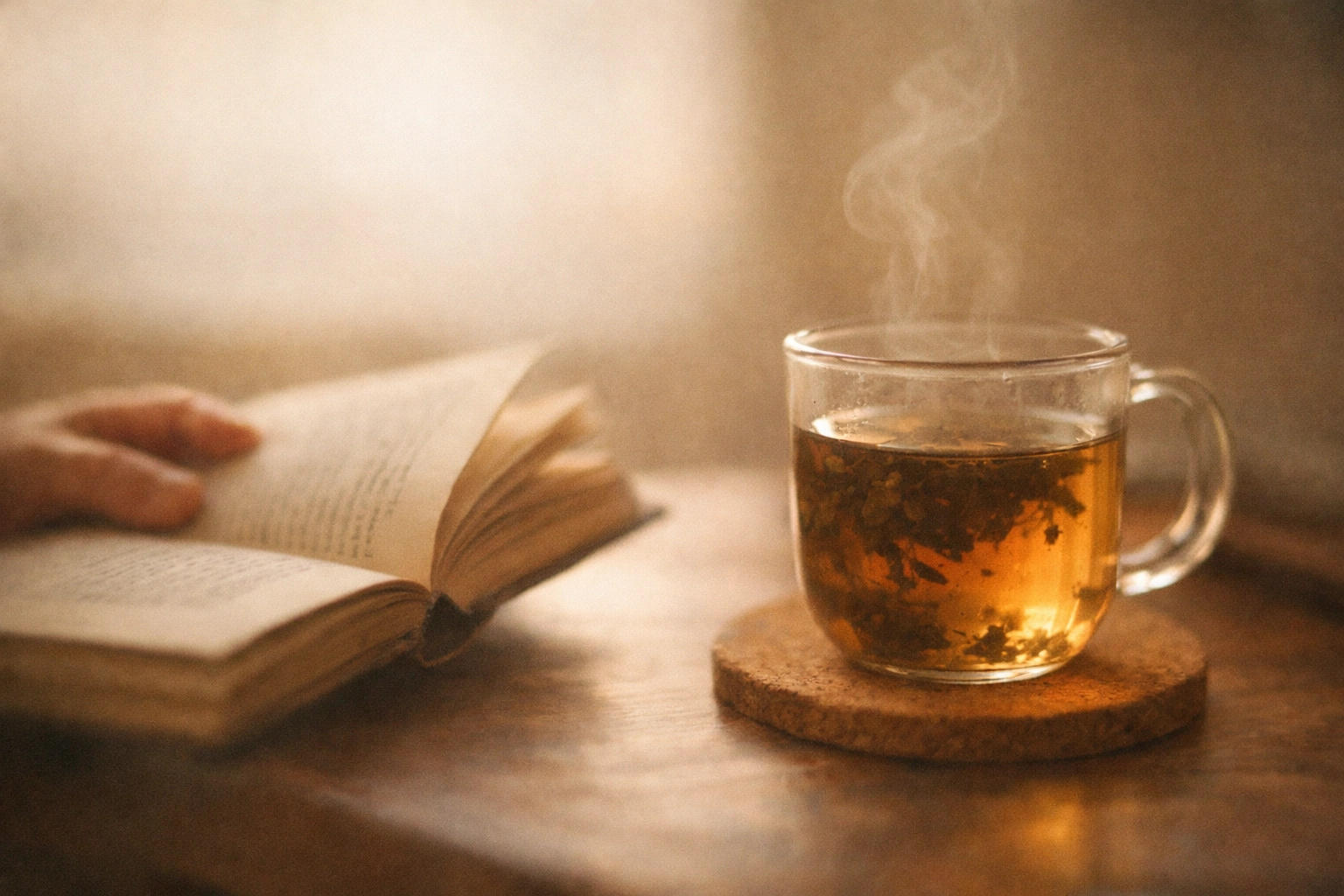 A glass tea infuser beside an open book in warm light, capturing a quiet and intentional tea reading ritual.