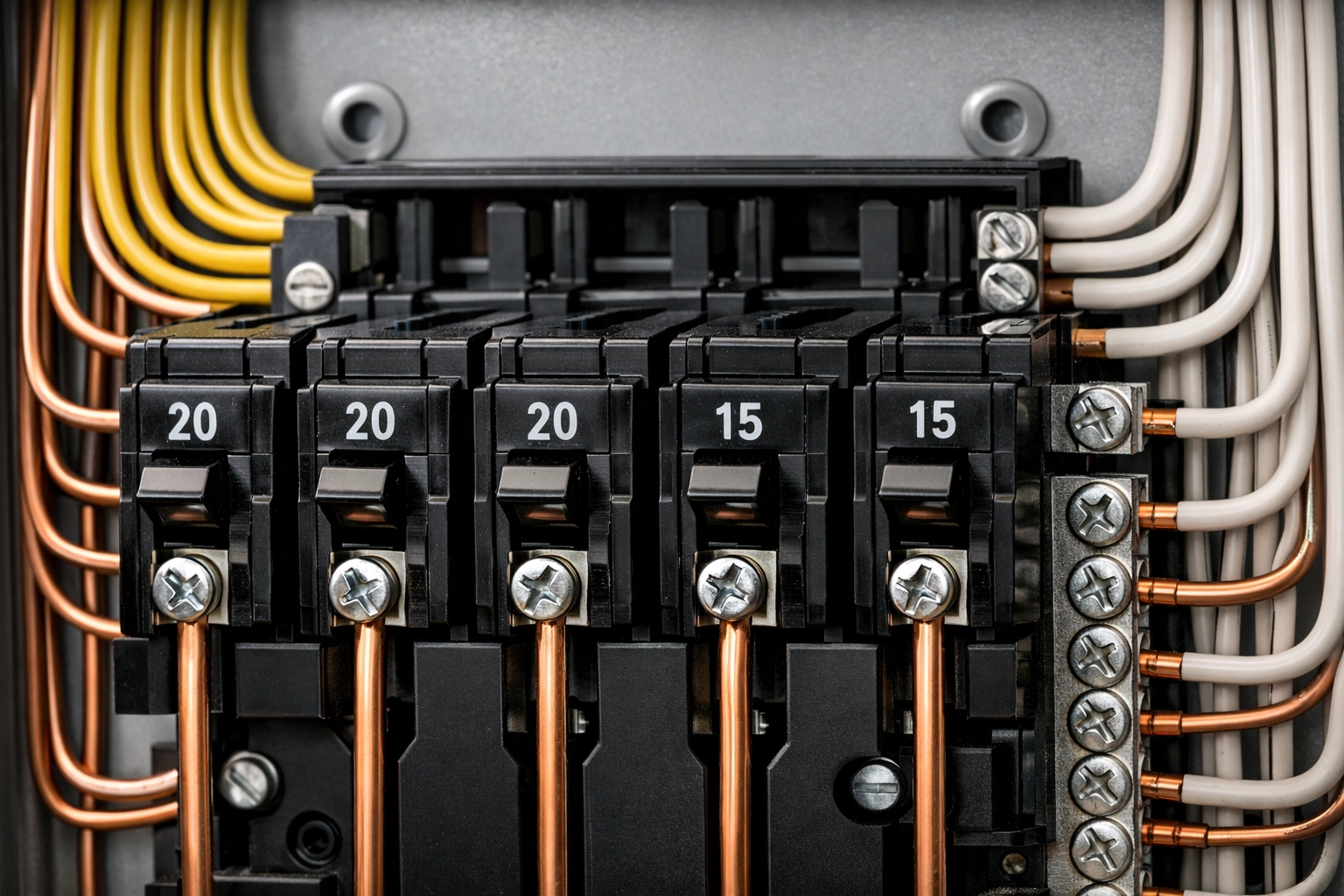 Impeccably organized home electrical panel showing safe single-wire connections to circuit breakers.