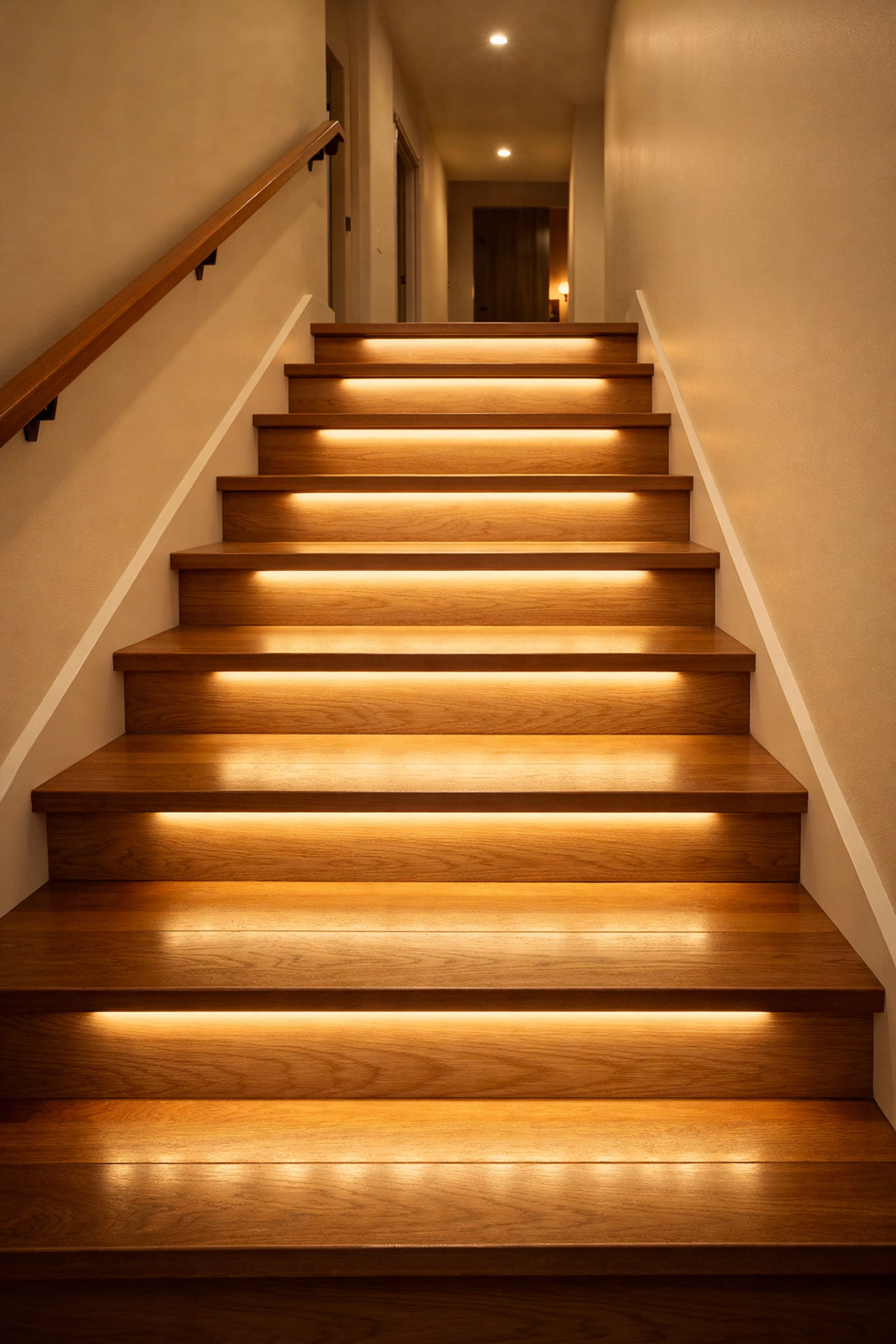 Modern wooden staircase with warm LED motion-sensor lighting under each step for improved stair safety.