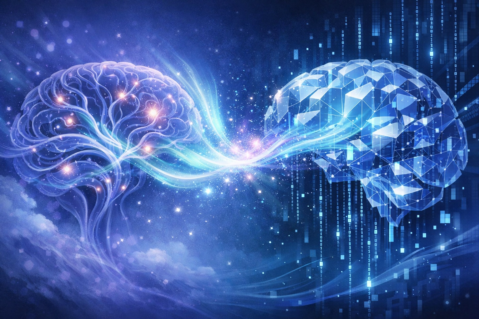 Intelligence humaine et IA connectées symbolisant l'approche hybride du coaching