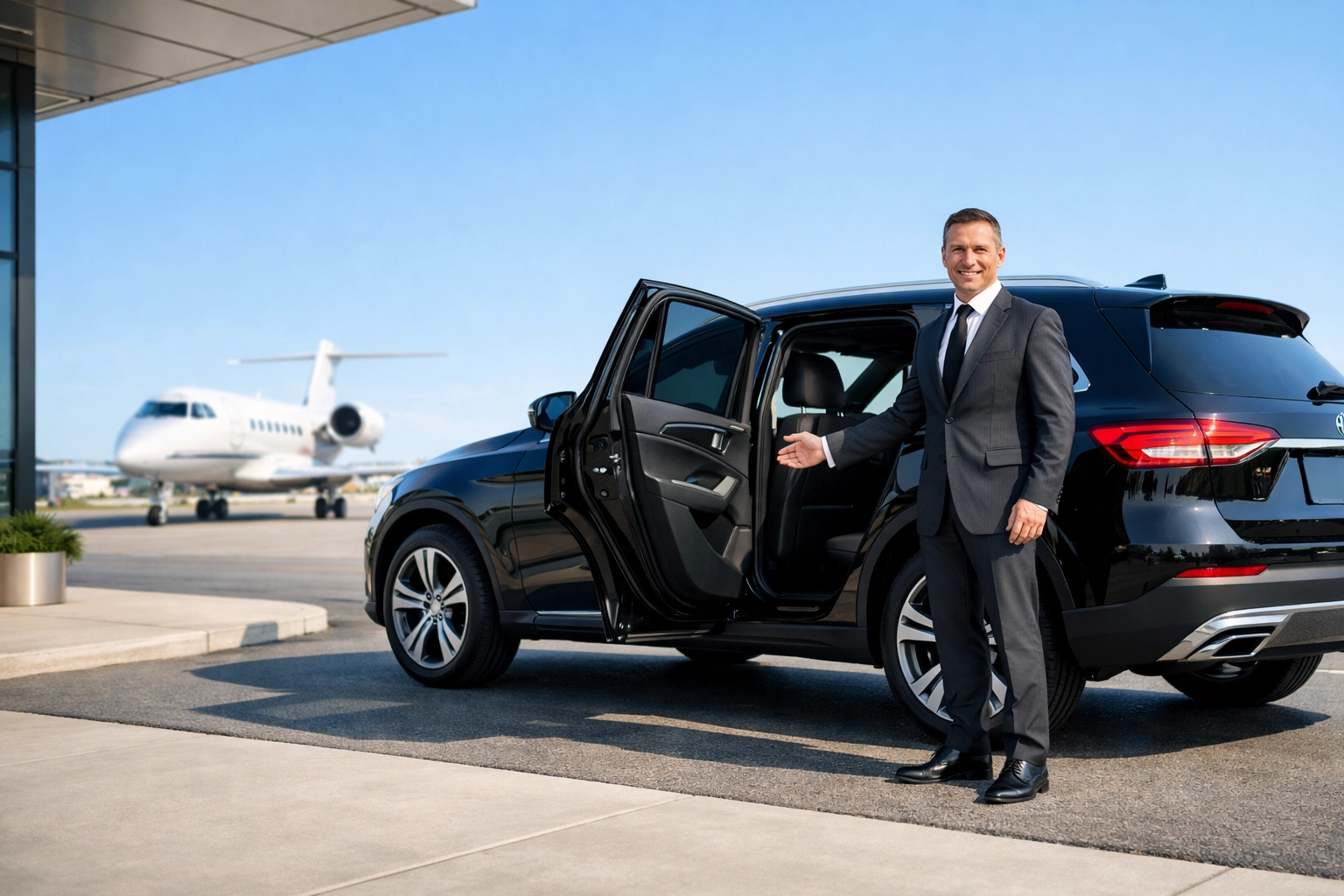 PRESS RELEASE: The Ultimate Guide to Super Bowl Corporate Hospitality: Everything You Need to Succeed in High-Stakes Networking Professional chauffeur by a luxury black SUV at a private airport terminal for executive Super Bowl hospitality.