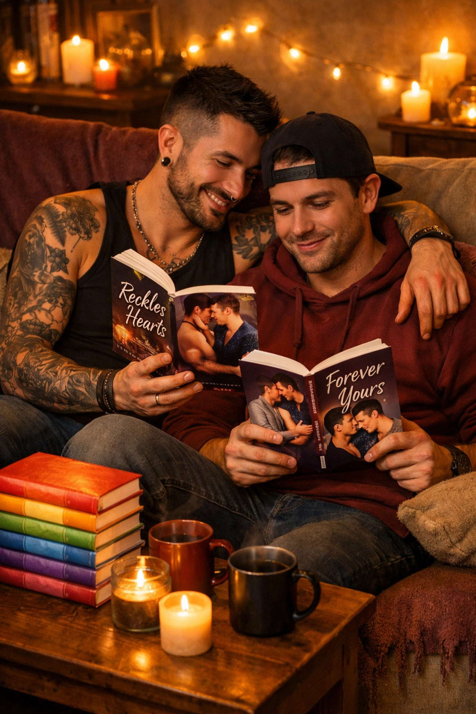 Gay couple reading best MM romance books 2026 in cozy home setting