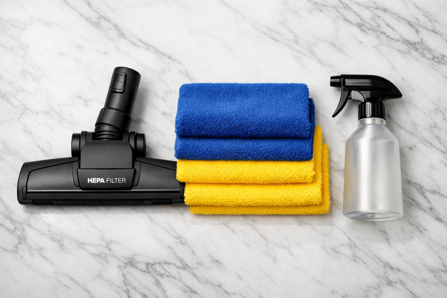 Professional post-construction cleaning toolkit with microfiber cloths and a HEPA vacuum.