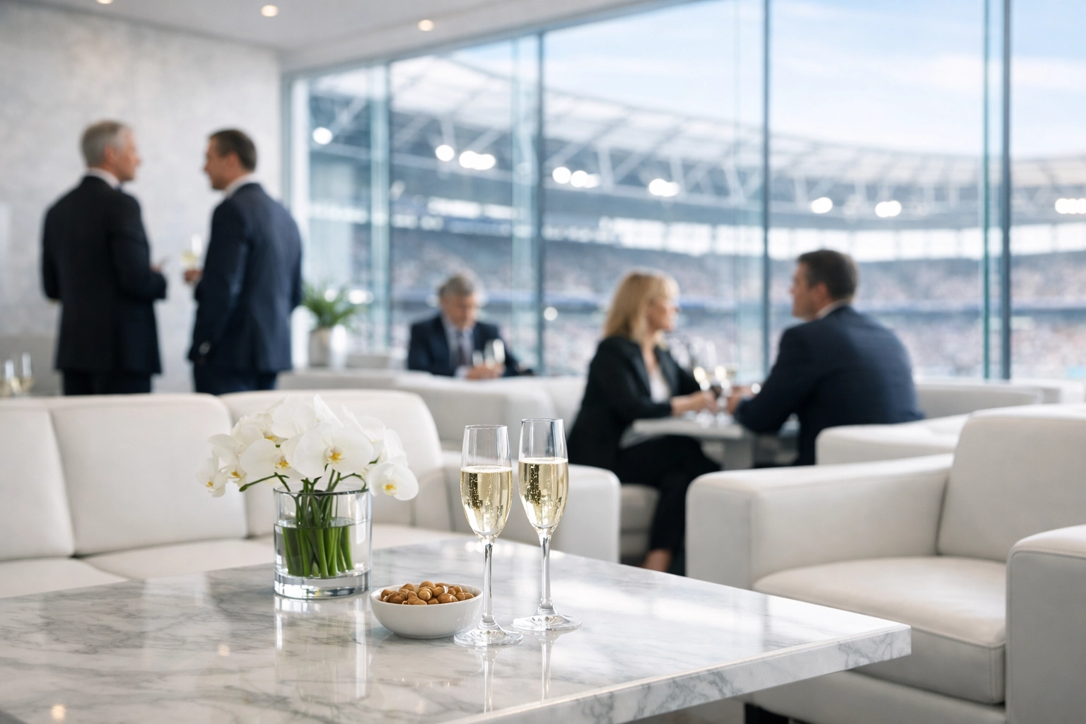 Luxury corporate hospitality lounge with stadium views for VIP Super Bowl executive networking.