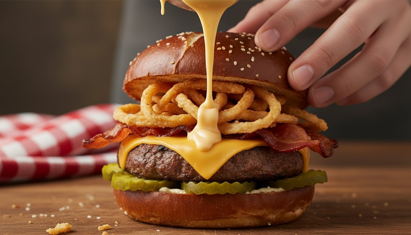 Close-up Wendy's Pretzel Bacon Pub Burger copycat with a clearly visible melted cheese slice layered on the beef patty beneath bacon and crispy onions on a pretzel bun
