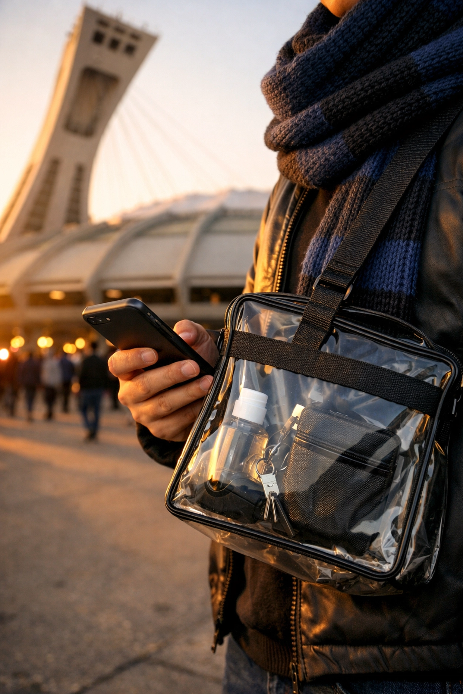 A Montreal soccer fan carrying a stadium-approved clear bag near the entrance of Stade Saputo at sunset.