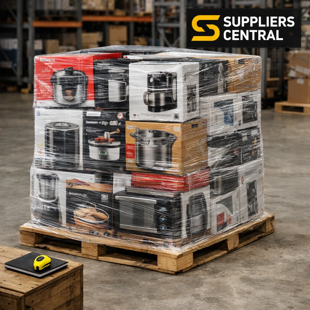 Large shrink-wrapped liquidation pallet containing wholesale kitchen appliances and home electronics.