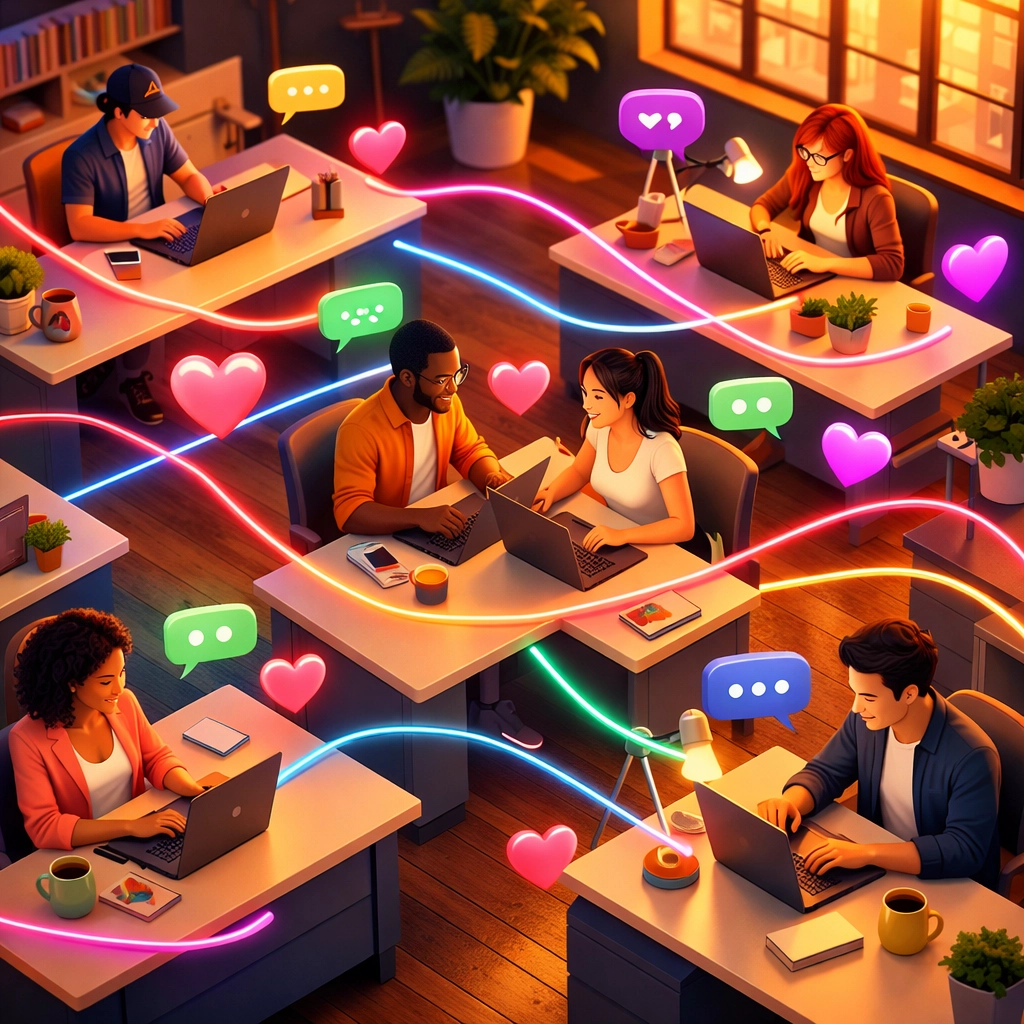 Modern office space with connected workstations illustrating workplace romance and dating culture in 2026