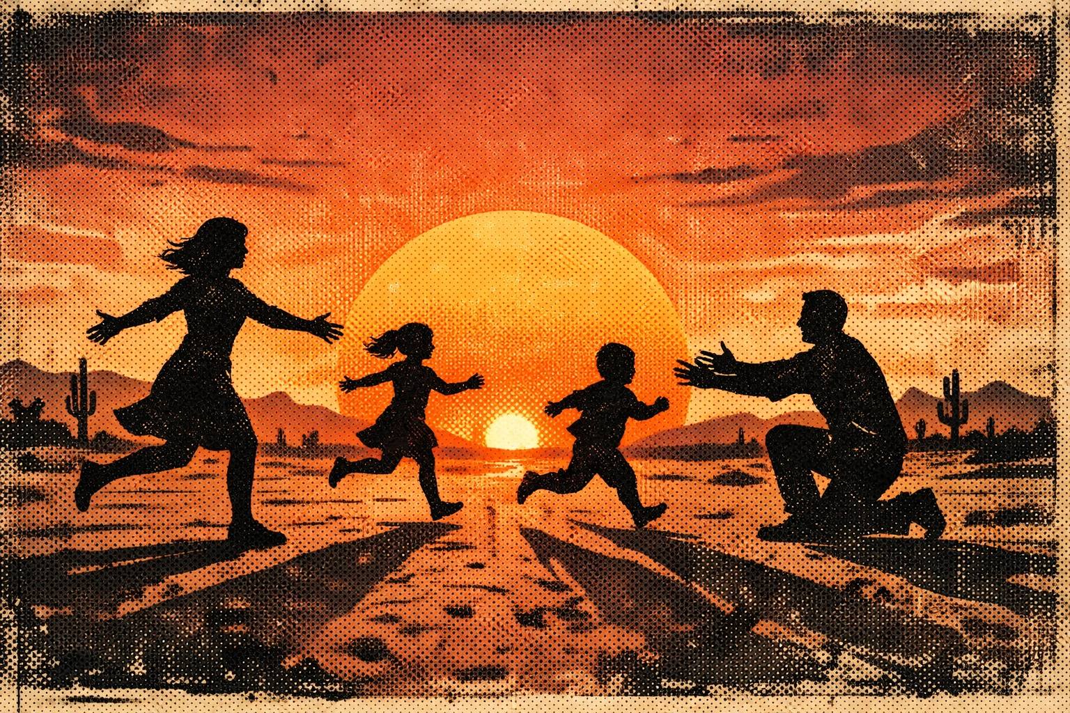 Silhouette of a family reuniting in a desert sunset, reflecting hope and peace in Syria.
