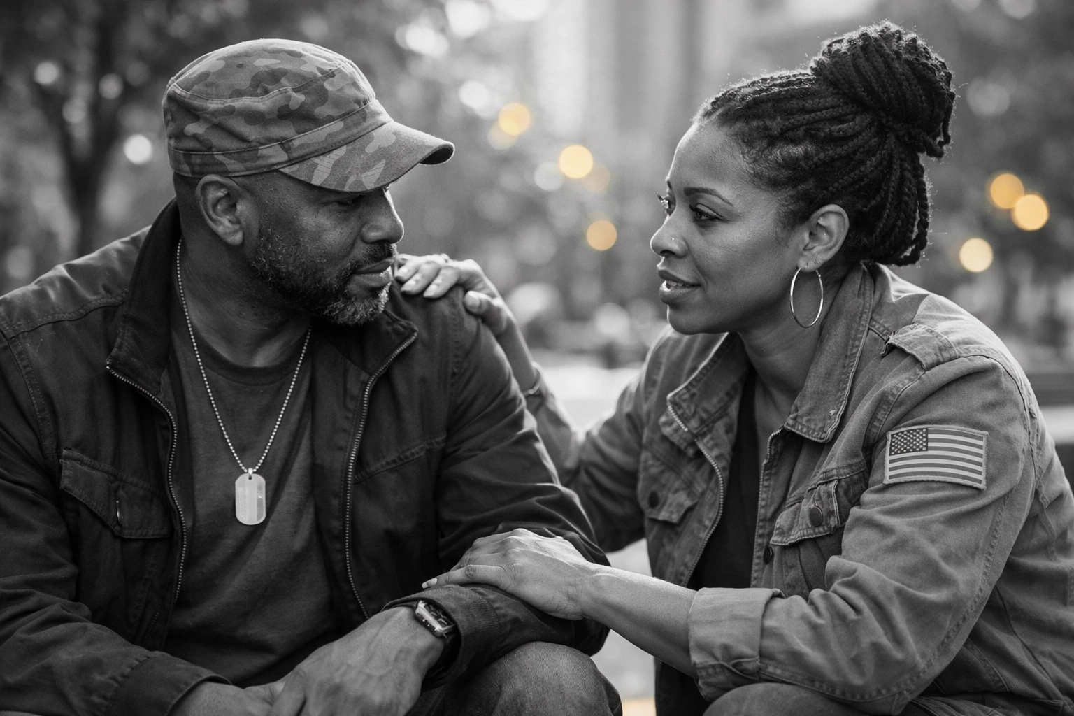 Two Urban Christian Veterans of Color sharing a supportive conversation about faith and moral healing.