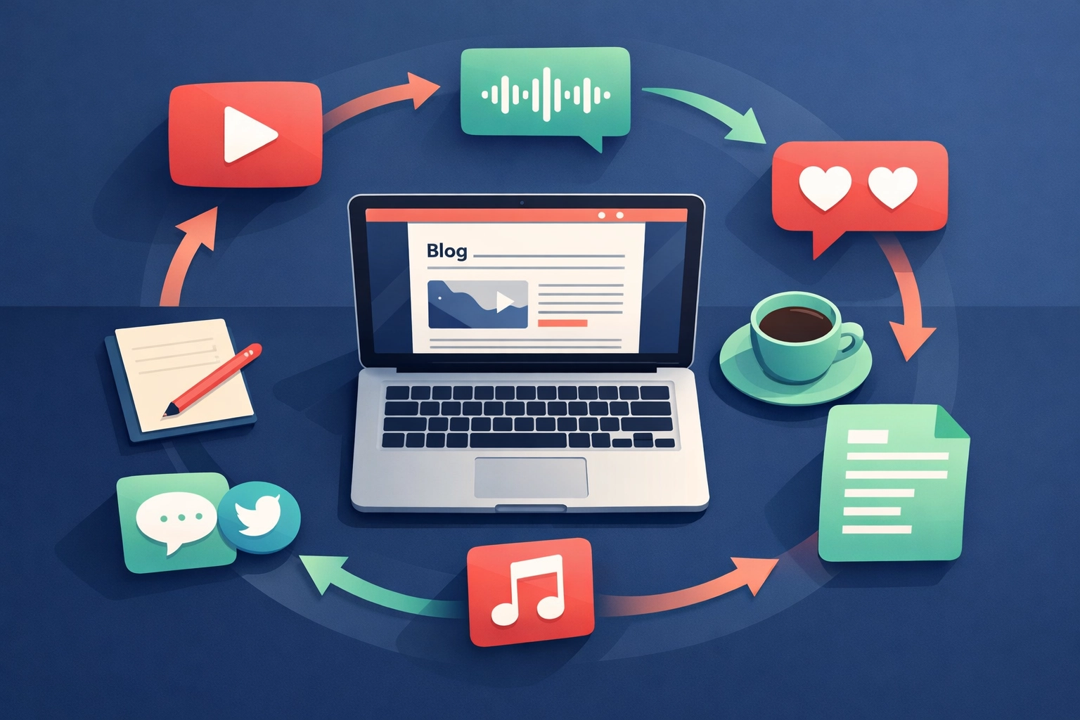 Content repurposing workflow showing blog post transforming into video, audio, and social media formats
