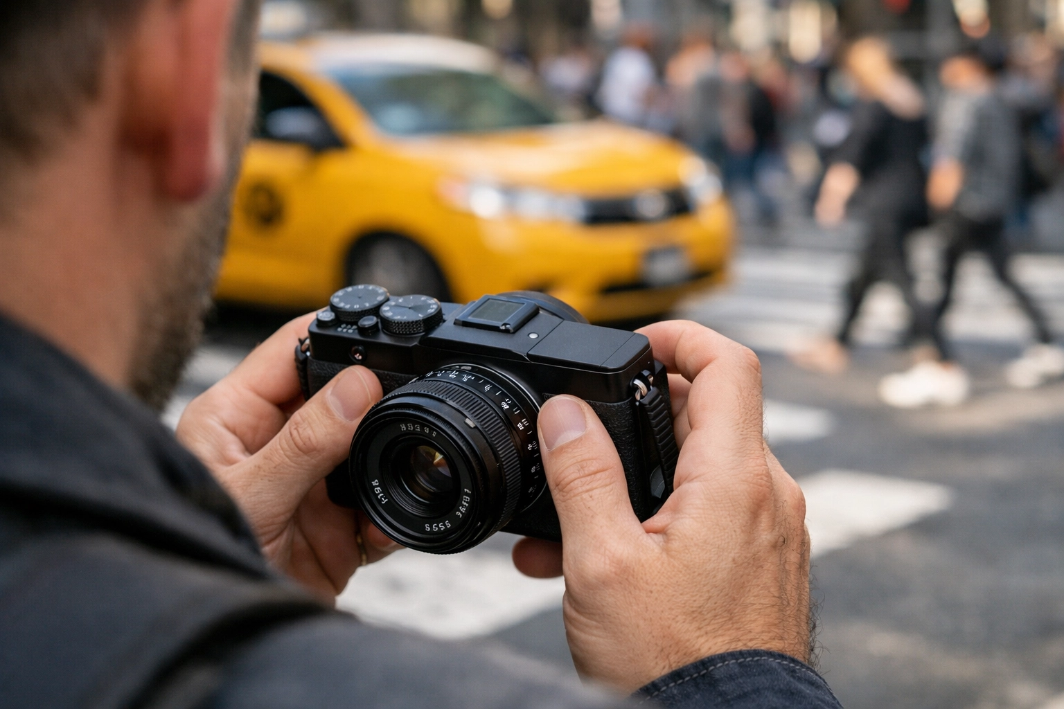 Photographer holding a camera with a 35mm prime lens on a busy New York City street corner.