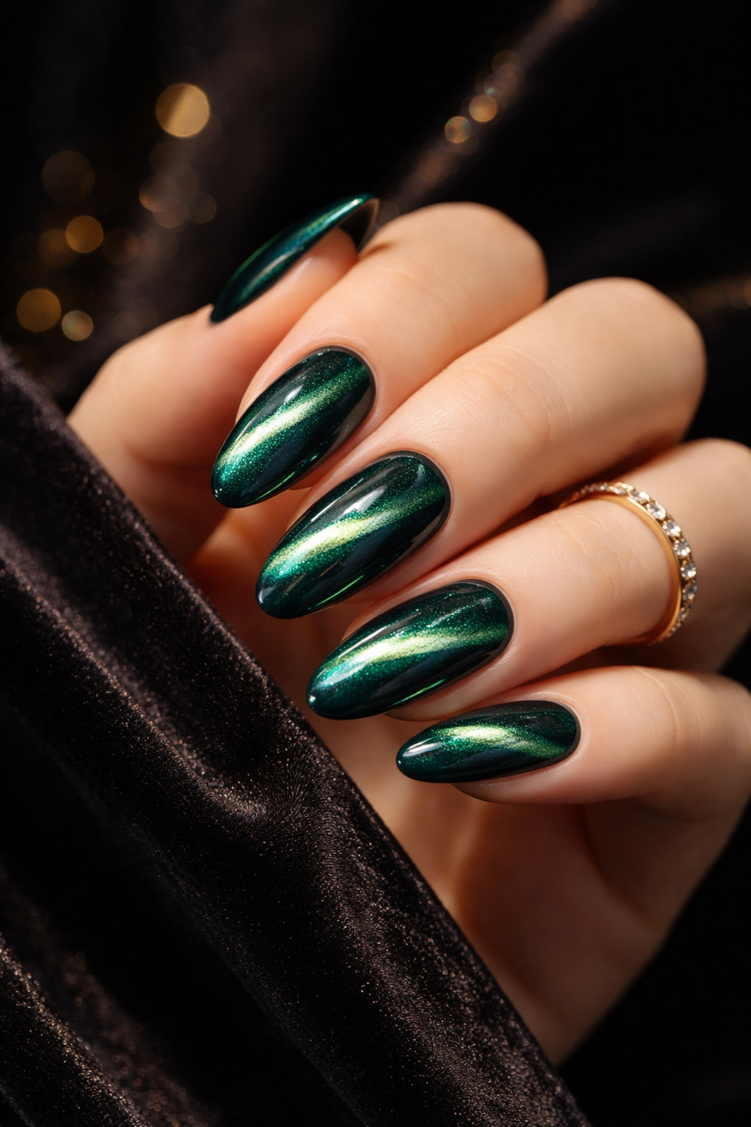 Close-up of a woman's hand with emerald green cat-eye Japanese gel nails, showing shimmering magnetic effect in Boston.