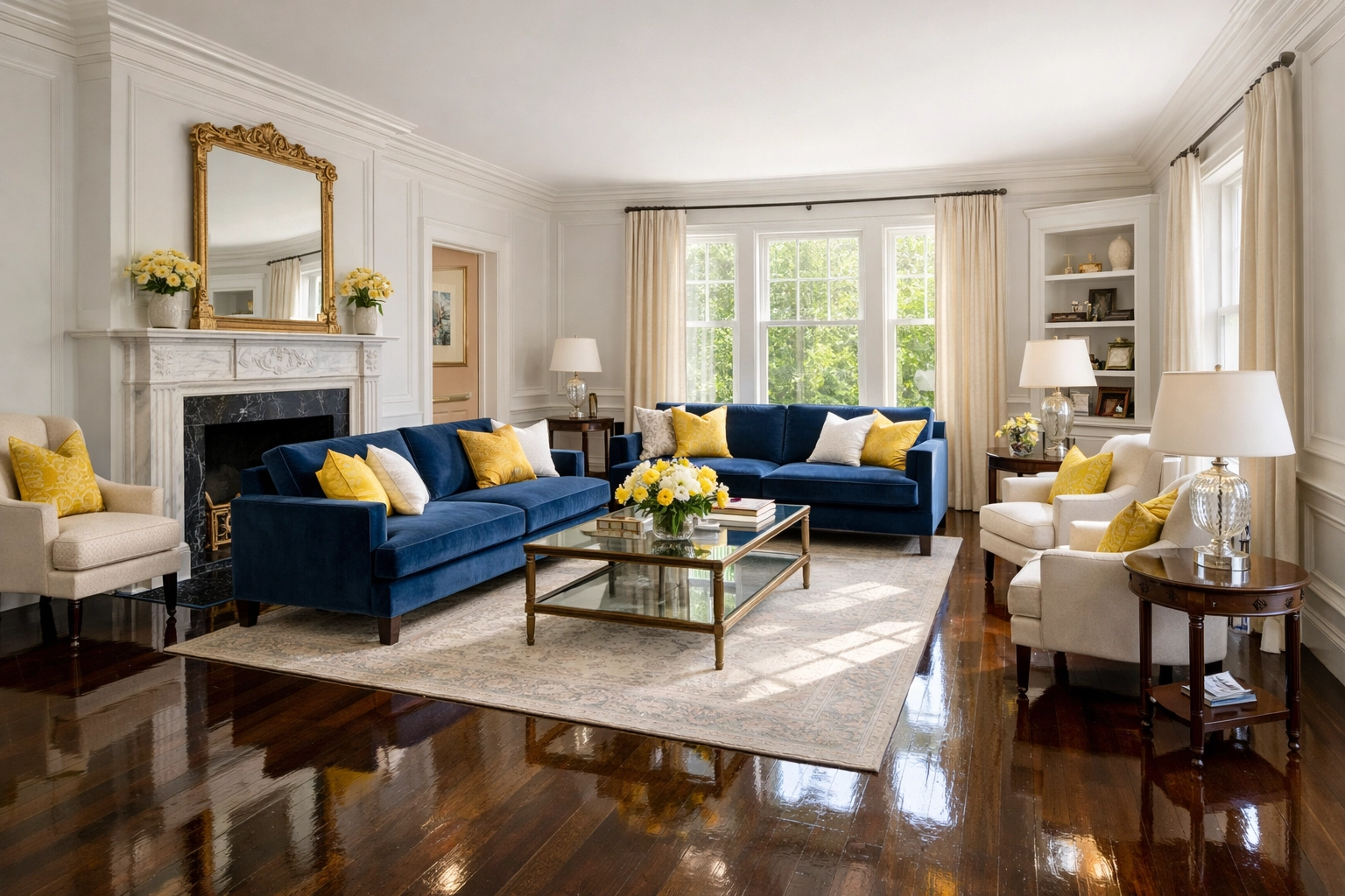Sun-drenched luxury living room in a West Cambridge estate after a professional deep cleaning session.
