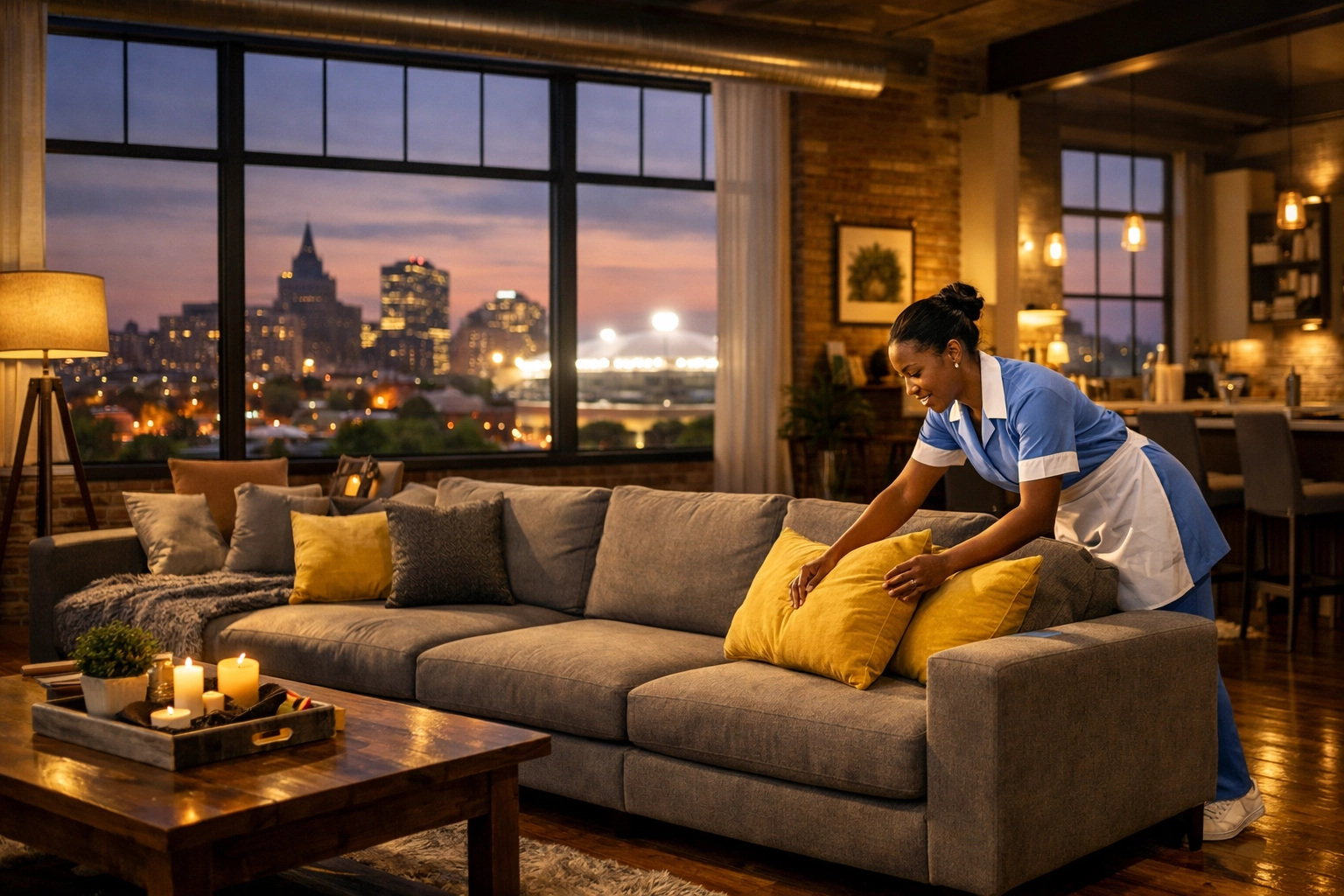 Professional maid services Worcester expert cleaning a modern Canal District loft with skyline views.