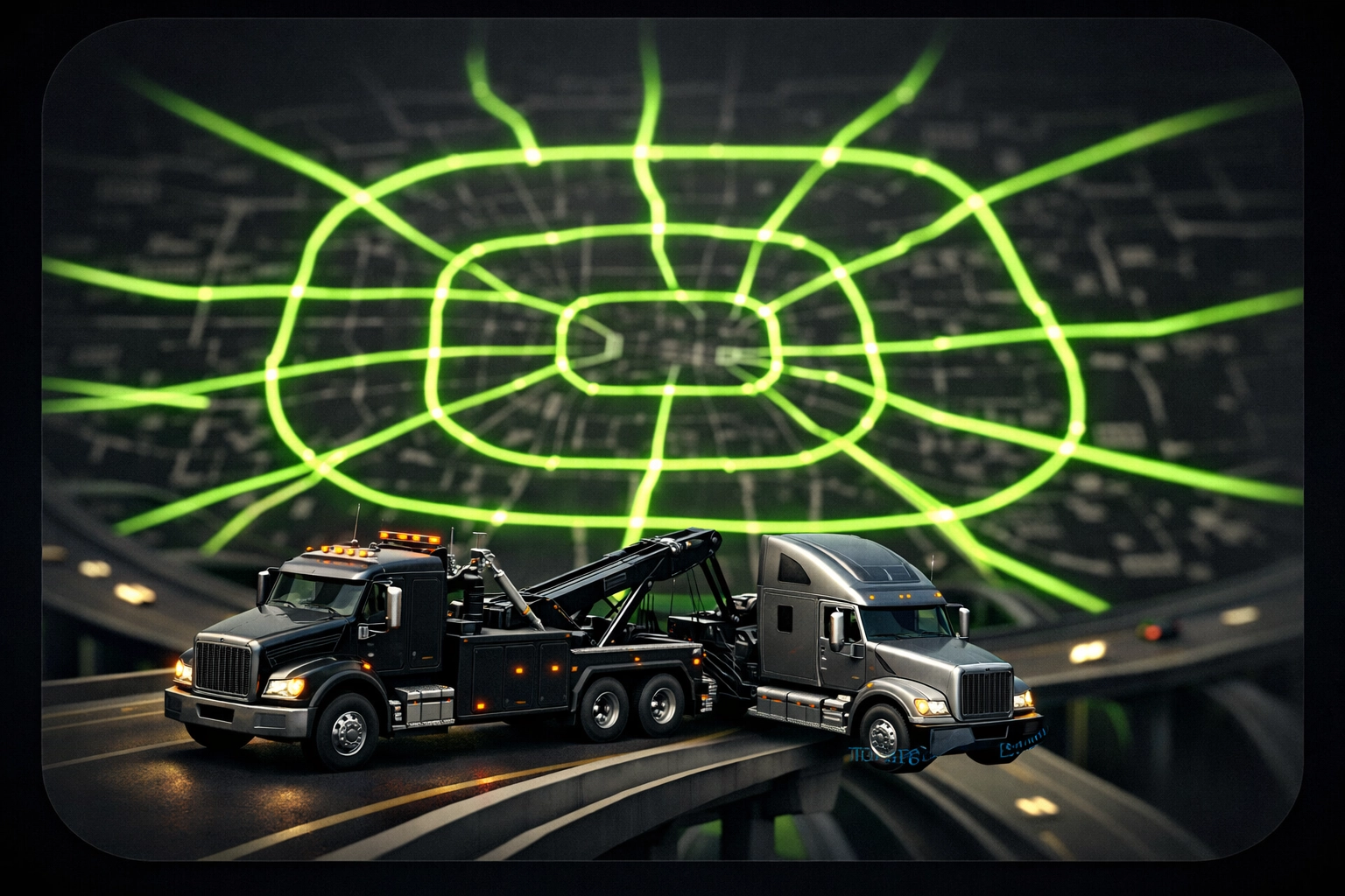 Professional semi truck towing service depicted on a digital map of Houston highways and tollways.