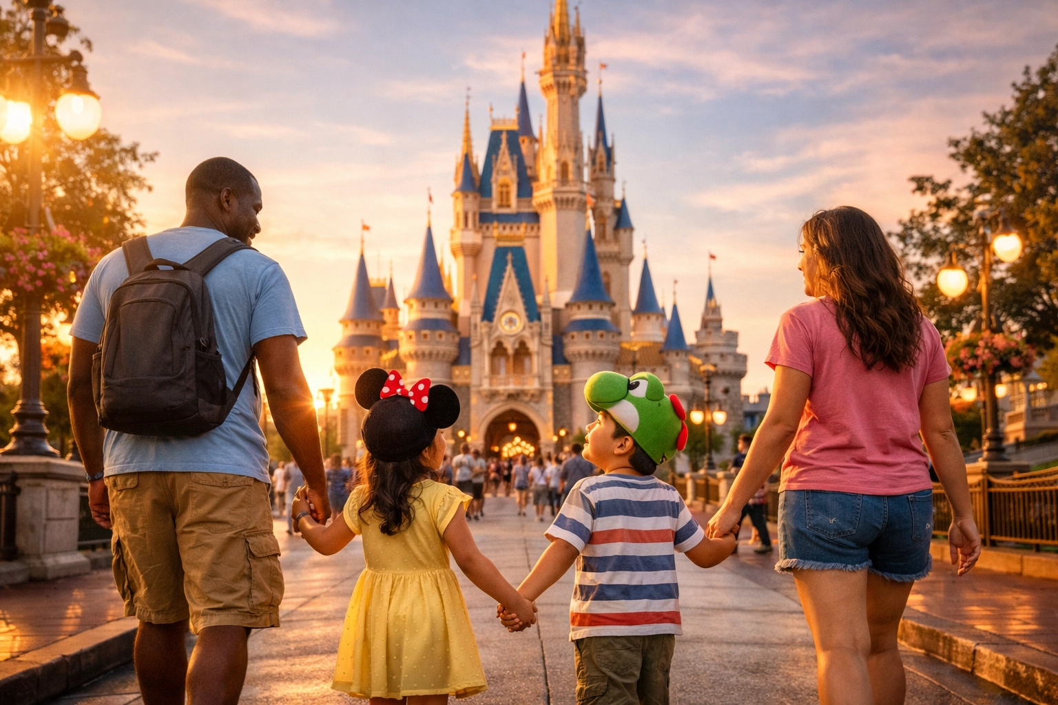 Family walking toward a theme park castle at sunset, one of the best family travel activities.