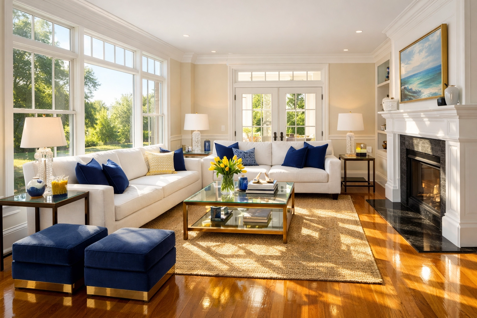 Staged luxury living room with polished floors showing the impact of residential cleaning in Leominster MA.