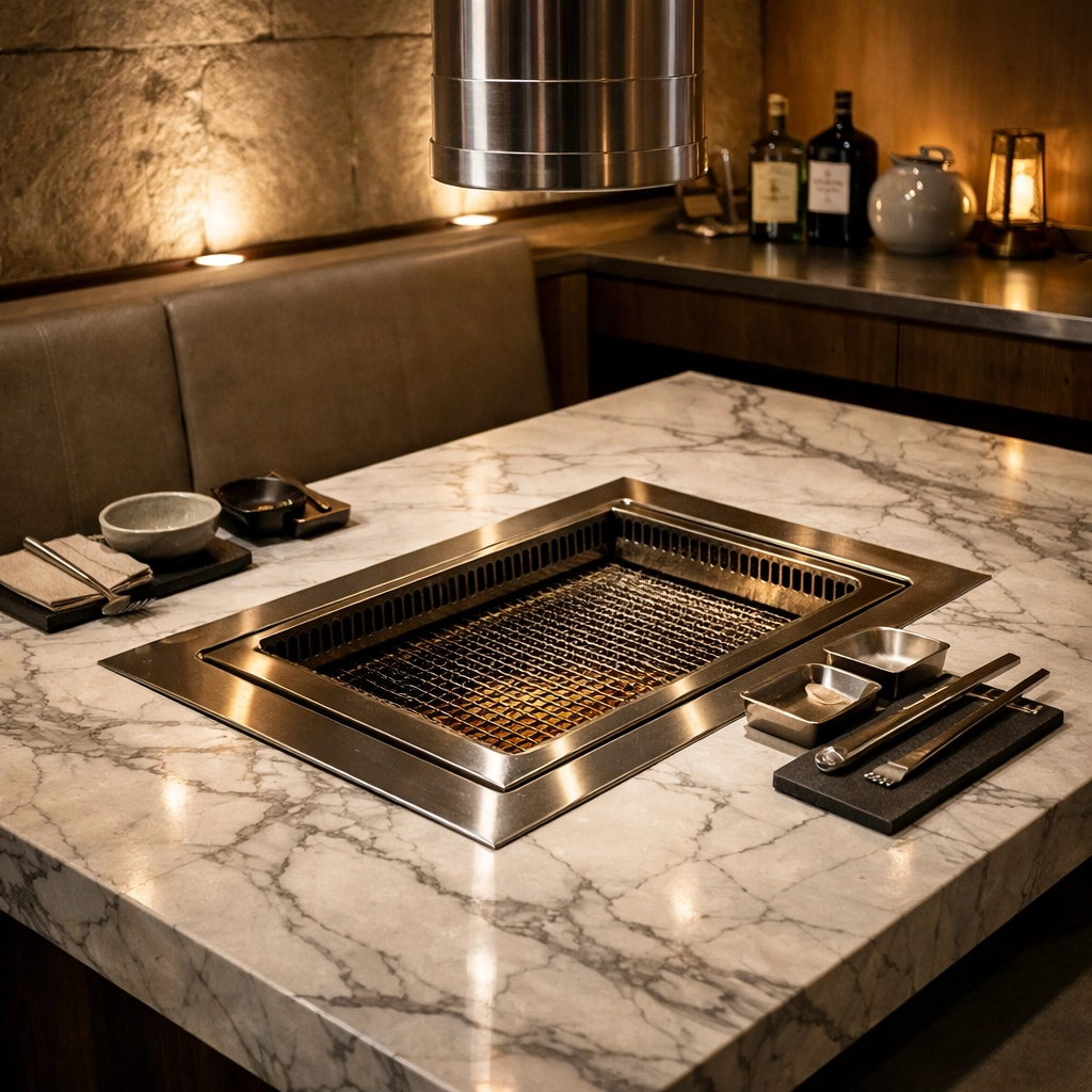 Modern Korean steakhouse interior with tabletop grill and minimalist stone design at Monami