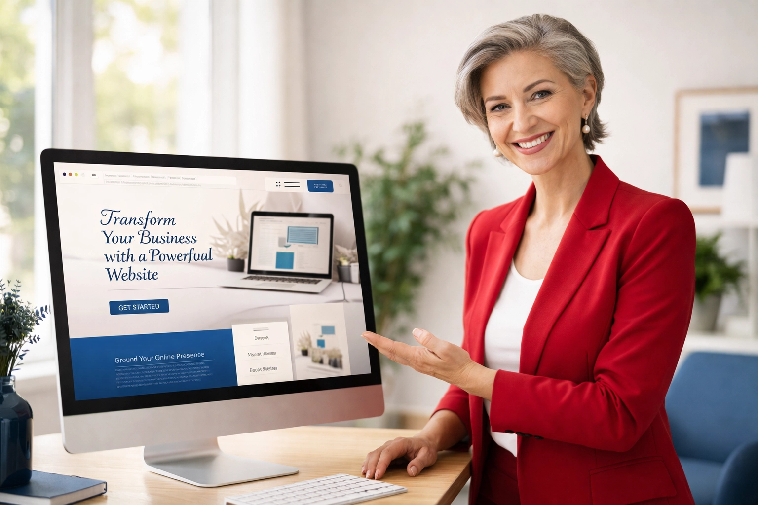 Web designer presenting a custom WordPress website design as a strategic business asset in a modern office