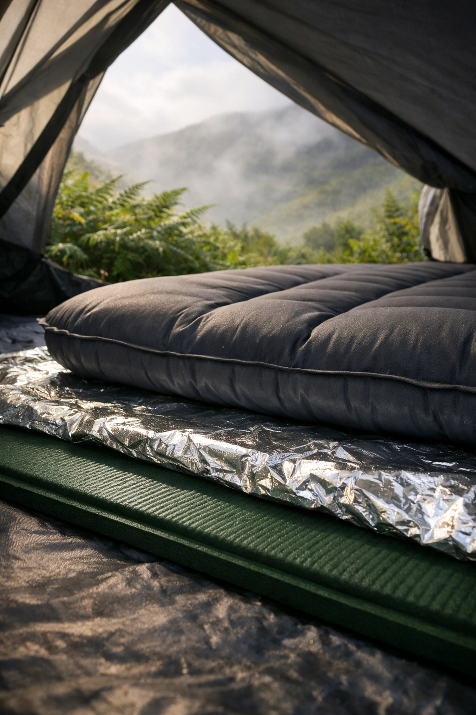 Insulated tent floor setup with foam pad and Mylar blanket for a warm camping adventure UK.