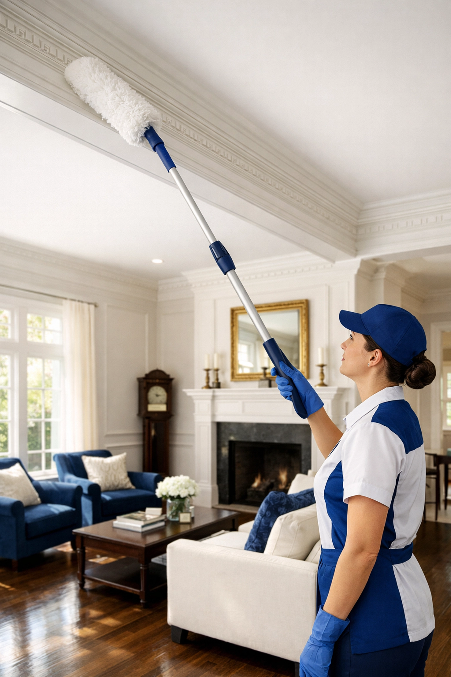 Professional deep cleaning Massachusetts cleaner dusting high crown molding in a bright, spotless colonial living room.