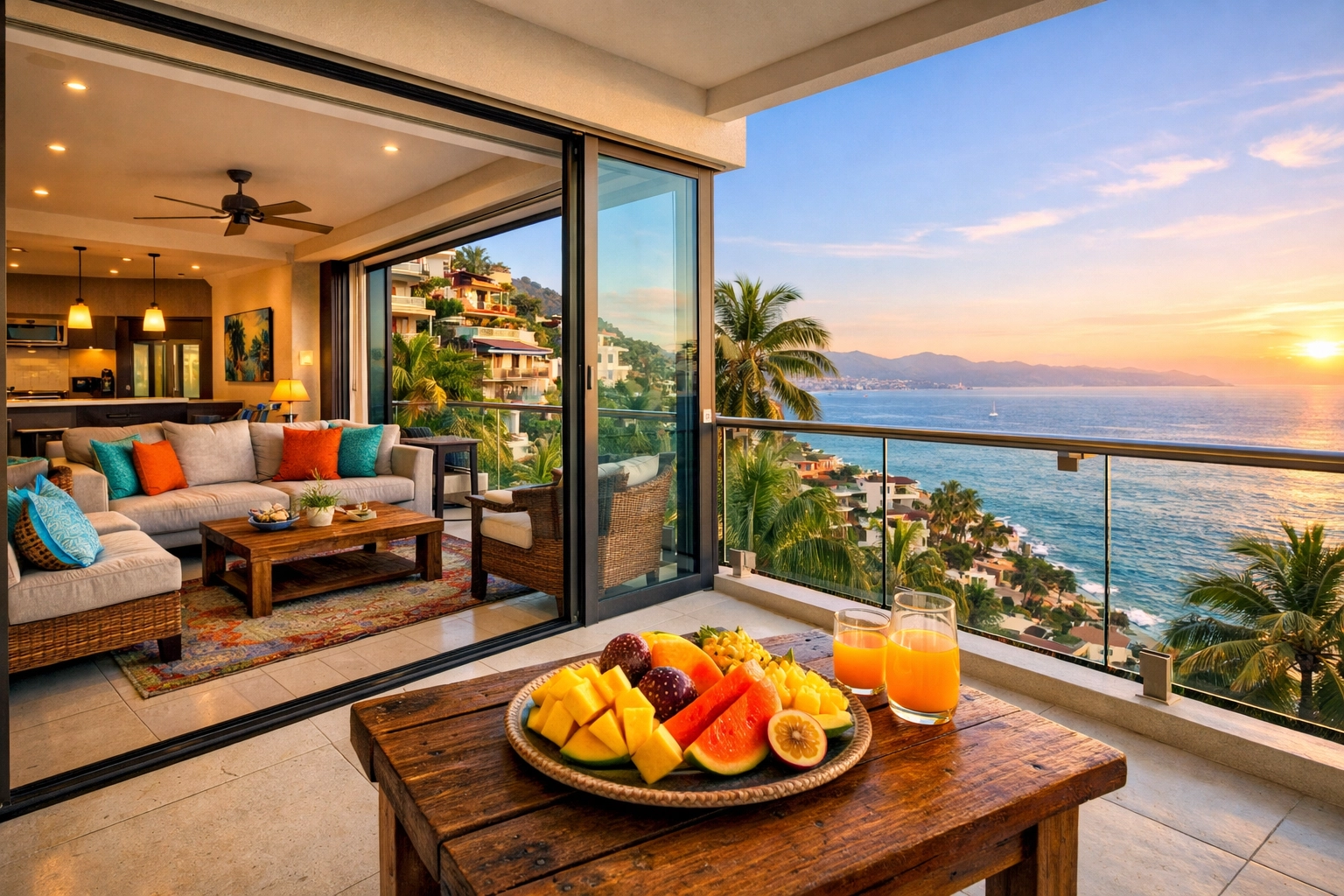 Modern condo rental in Amapas, Puerto Vallarta, with a private balcony overlooking Banderas Bay.