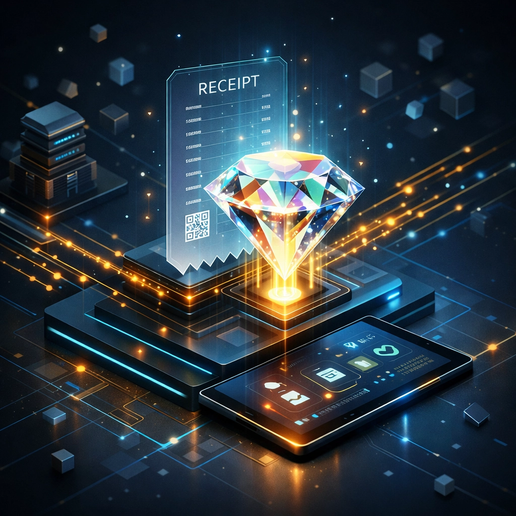 Digital ledger minting a glowing holographic NFT receipt for automated merchant accounting and transparent records.