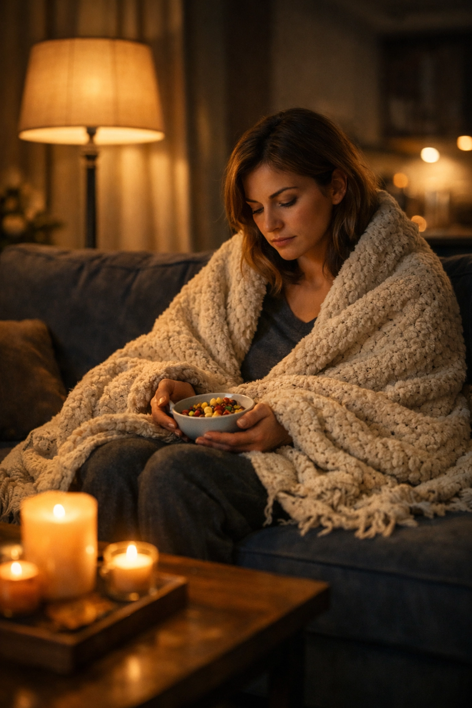 Woman sitting on a sofa with comfort food, illustrating the common signs of emotional eating at night.