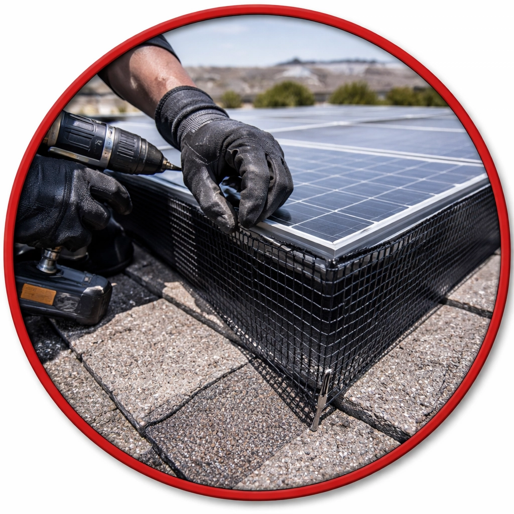Technician installing solar panel screening to prevent pigeons, demonstrating humane exclusion methods.