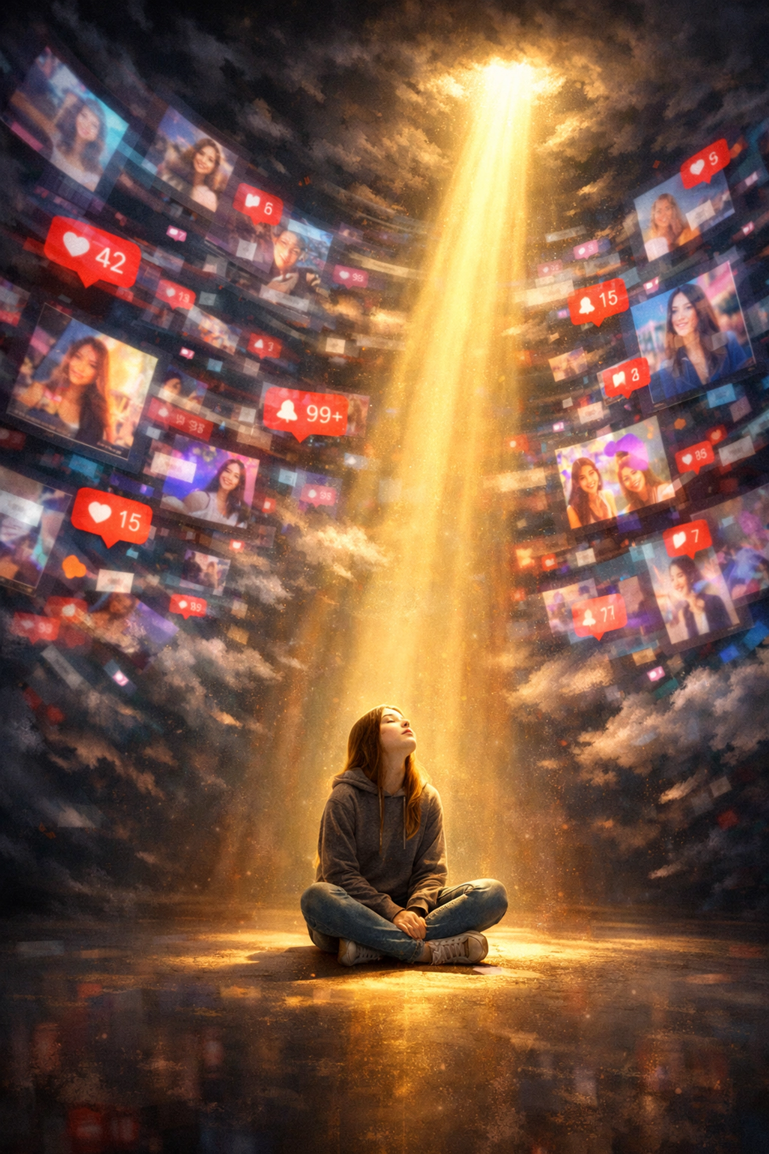 Teen girl surrounded by digital screens and noise, with a beam of light symbolizing finding truth and healing.