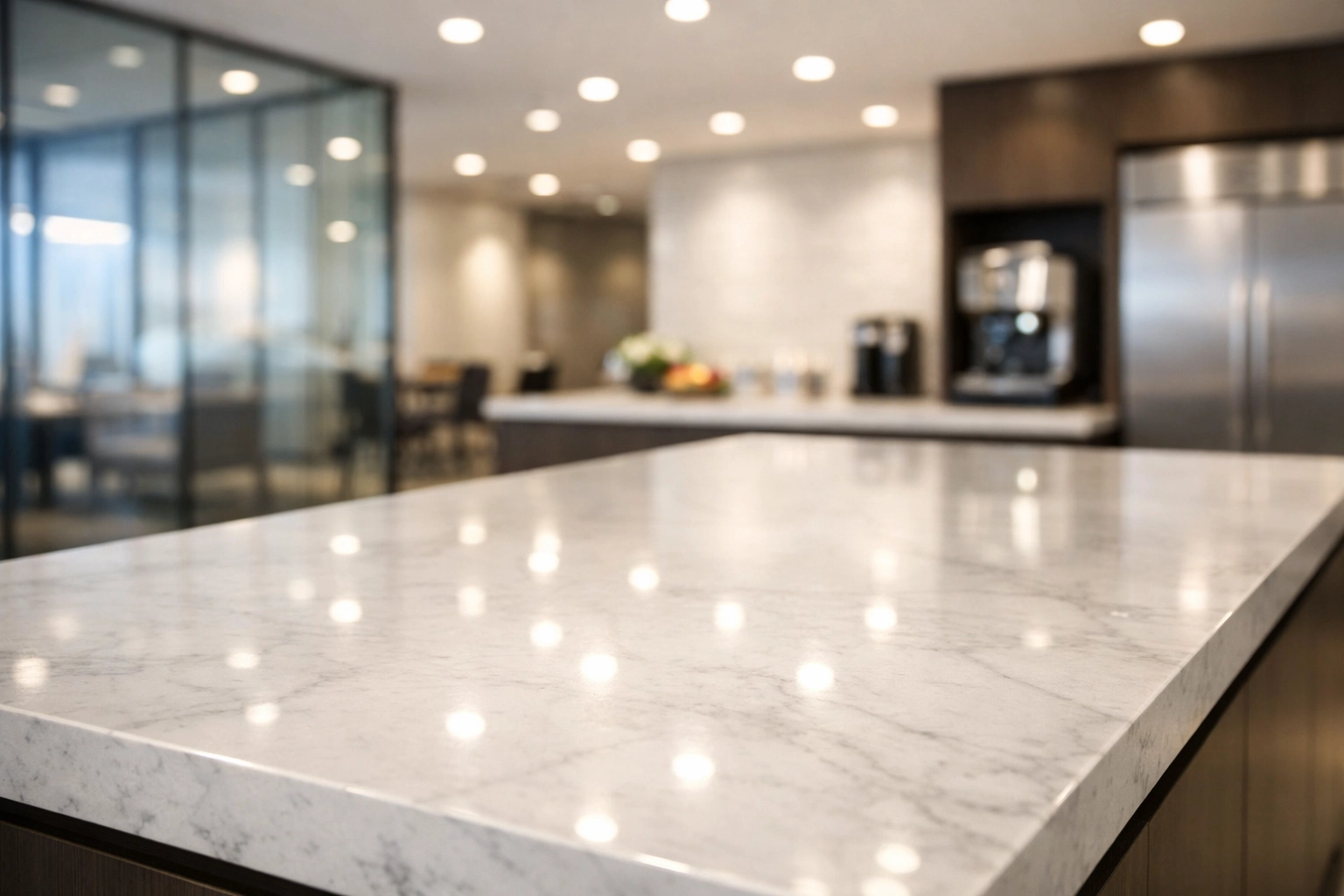 Sanitized corporate breakroom with spotless marble surfaces and stainless steel kitchen appliances.