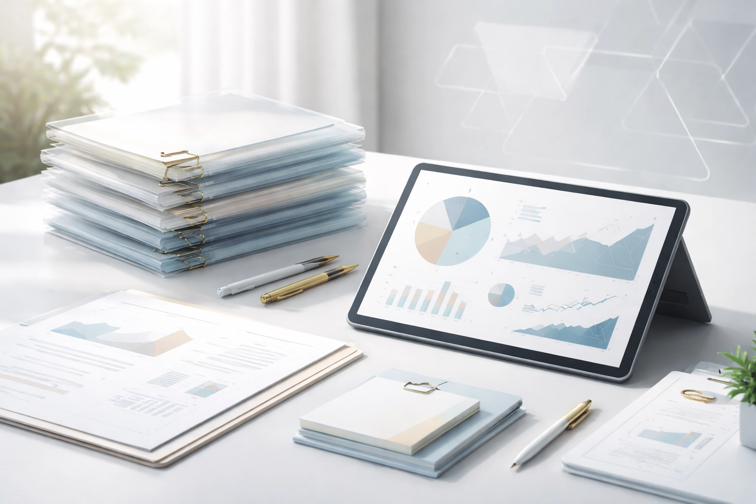 Organized desk with folders and charts representing key documents for selling your treatment center