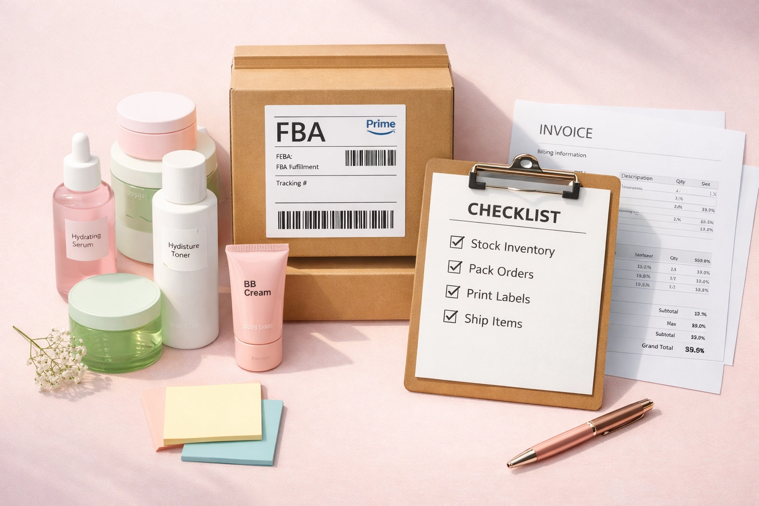 Korean skincare products with FBA shipping materials, invoices, and business checklist