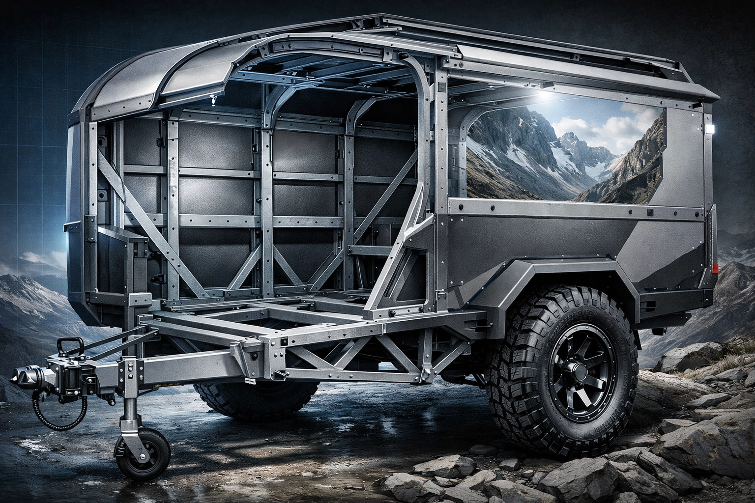 Cutaway view of expedition trailer monocoque chassis showing reinforced steel frame and aluminum construction