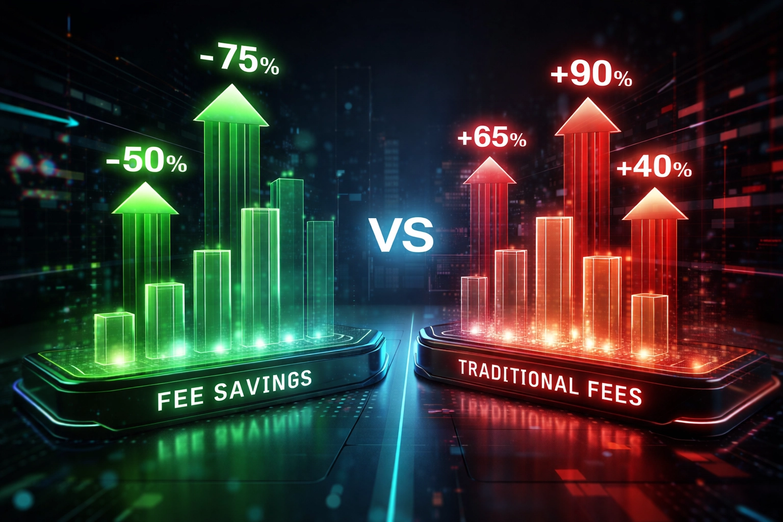 Futuristic dashboard comparing merchant interchange fee savings with Larecoin versus traditional payment systems