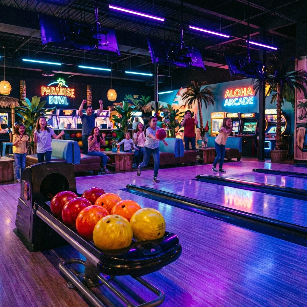 Modern bowling alley in Puerto Vallarta with neon lights and families enjoying games, great rainy day entertainment.