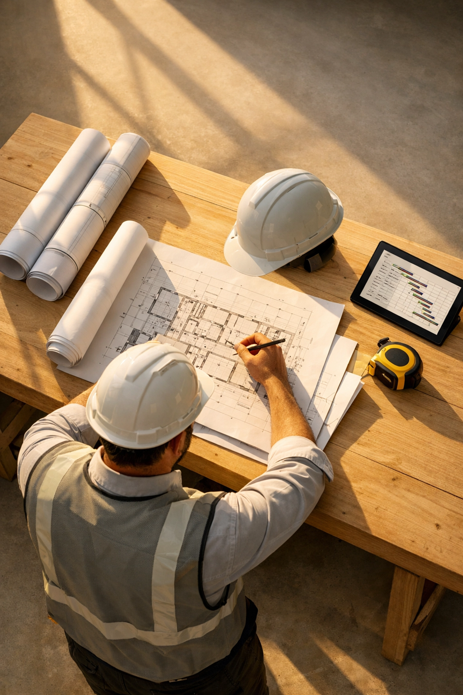 Construction site supervisor reviewing building plans and schedules