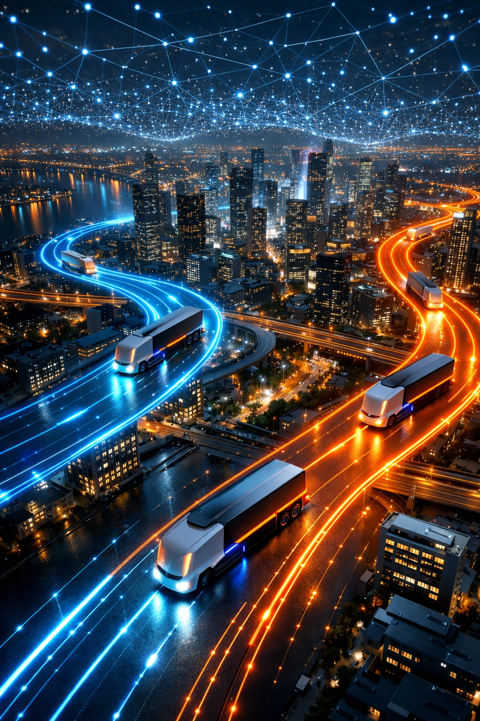 Routenoptimierung durch KI: Vernetzte Fahrzeugflotte in einer digitalen Stadtlandschaft.