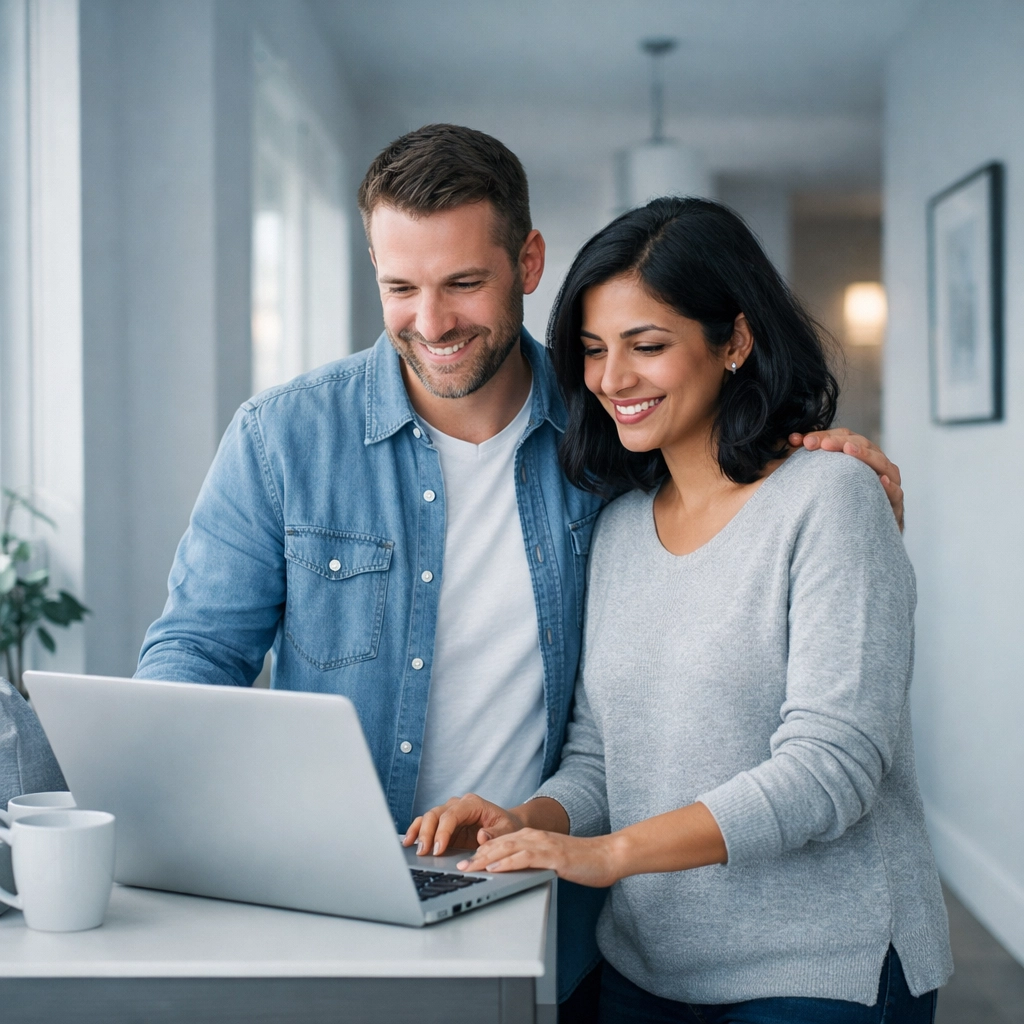 Relaxed couple at home after solving a financial crisis with an emergency loan.