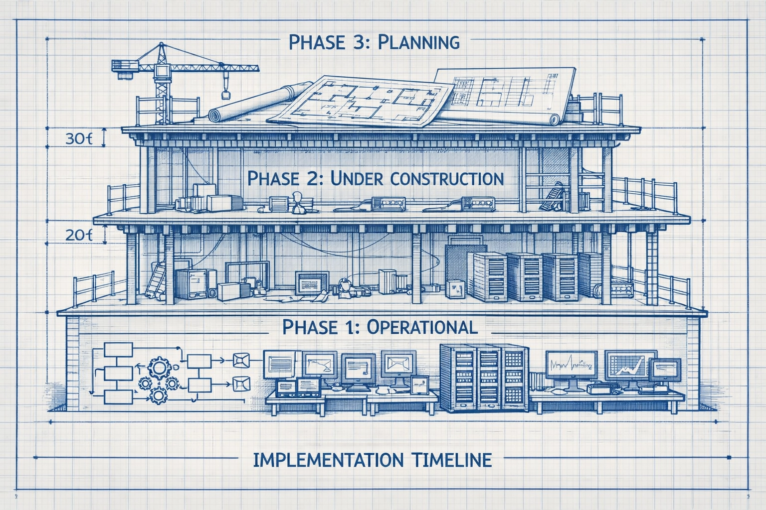 Phased sales automation implementation stages showing progressive rollout from foundation to completion