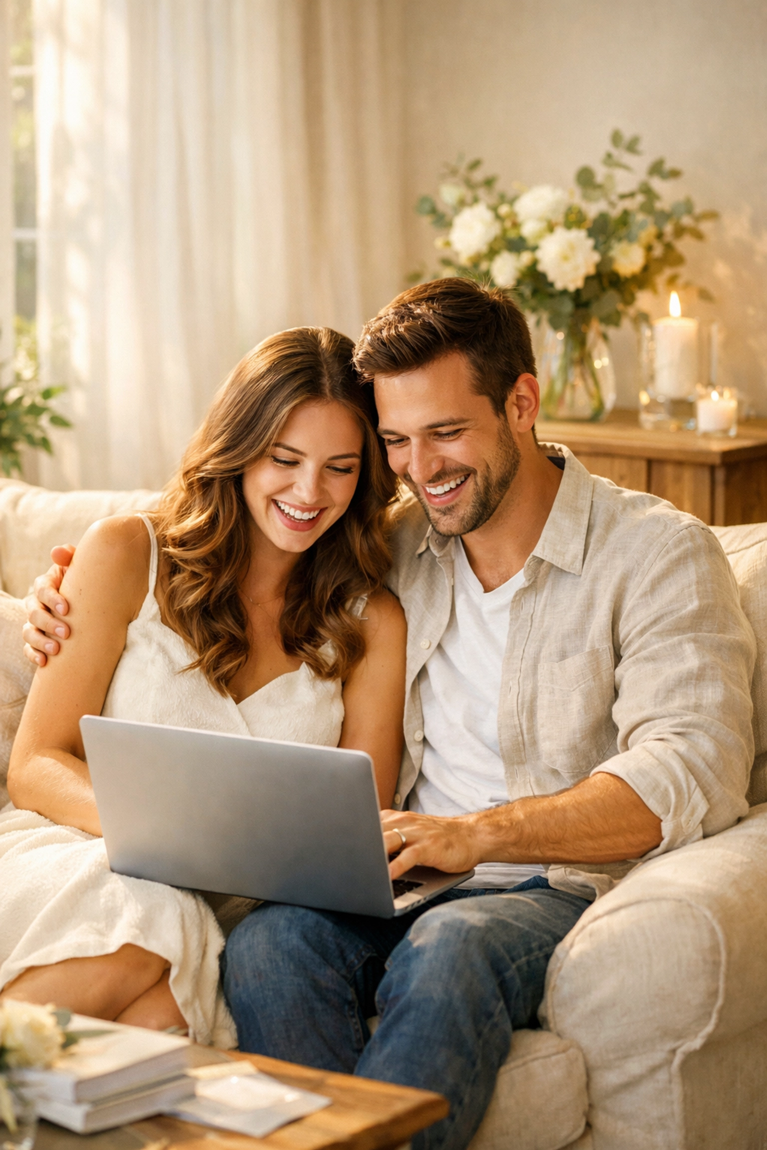 An engaged couple joyfully managing their wedding funding and digital RSVPs on a laptop.