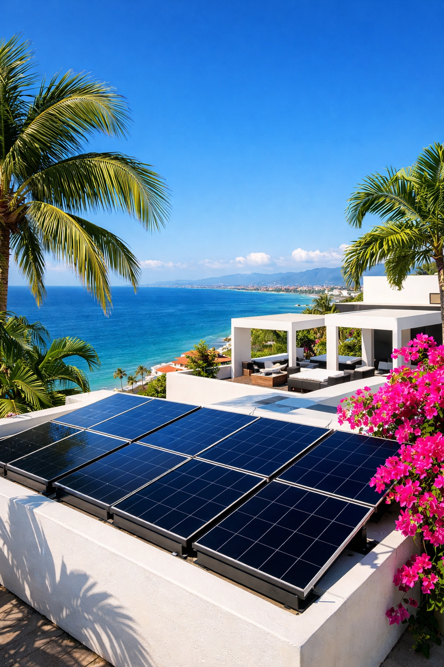 Eco-friendly Puerto Vallarta rentals condo in Amapas featuring solar panels and a sun-drenched ocean view terrace.